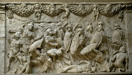 Romersk konst: scen för strid mellan romare och galler. Reproduktion av en lågrelief från Mausolee of Glanum, ett begravningsmonument från gallerier som byggdes mellan 30 och 20 f.Kr. som hyllning till familjen Julius. Rom, Museo della Civilta Romana