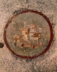 Rund med hus och byggnader, detalj av fresk från House of Centenary, Pompeji, Kampanien, romersk civilisation