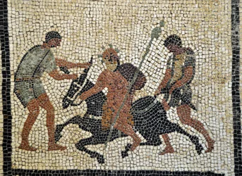 Berusad Silenos: Den berusade Silenos rider på en åsna som hålls av två tjänare. Mosaik från Pompeji, Paquius Proculus eller C. Cuspius Pansas hus. Nationella arkeologiska museet i Neapel, Italien. Foto Patrice Cartier.