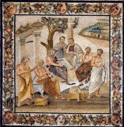 Platons akademi: filosofen som sitter i mitten undervisar en grupp lärjungar vid Atens akademi (grundad av honom 378 f.Kr.) - Mosaik funnen i Boscotrecase, nu utställd på Nationalmuseet i Neapel. - Platons akademi: filosofen -