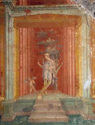 Teaterscen, fresco (IV-stil) mot röd bakgrund från Pinarius Cerialis hus, Pompeji (Unescos världsarvslista)