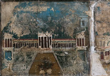 Fresk i tredje stil som visar arkitektoniskt landskap, detalj av byggnaden kantad av pelarförsedd veranda, från Pompei