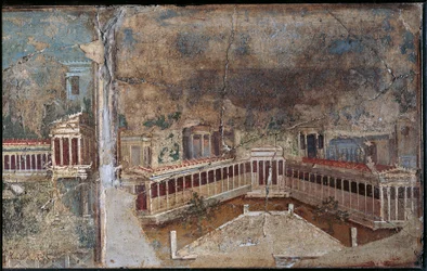 Fresk i tredje stil som visar arkitektoniskt landskap, detalj av pelarförsedd veranda, från Pompeji