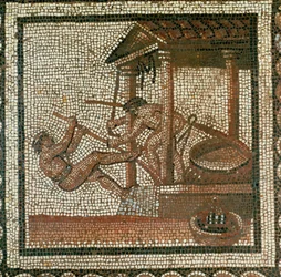 Två män som pressar olja (mosaik)