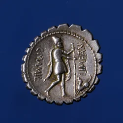 Ulysses igenkänd av sin hund Argo. Romerskt silvermynt, 83 f.Kr.