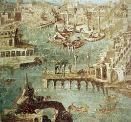Vy över hamnen i staden Campana (Pozzuoli) i Italien, Fresk av Stabia.