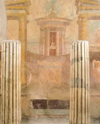 Väggmålning i andra pompeiansk stil, från House of Labyrinth, Pompeji, Kampanien, romersk civilisation