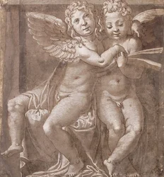 Två sittande änglar som sjunger, efter Polidoro da Caravaggio (penna och brunt bläck brun tvätt med vitt på gråblått papper)