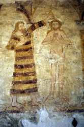 Väggmålningar från 1100-talet i den romanska församlingskyrkan Asnieres sur Vegre (Sarthe) föreställande Kristus döpt av Johannes Döparen.