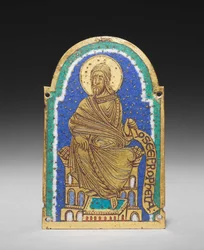 Platta: Sittande profet från en relikvieskrin: Osea (Hosea), ca 1170-1180 (förgylld koppar, champlevé-emalj)