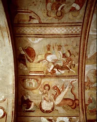 Romansk konst: interiör i klostret Saint-Savin-sur-Gartempe (Saint Savin sur Gartempe) i Vienne (Frankrike), grundat av Karl den store (1060-1115). Väggmålning i taket omkring 1100. Fresk.