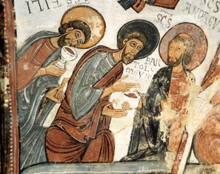 Romansk konst: "" apostlarna Philip, Barthelemy och Andre "" Fresco of the Vote of the Cene, Church of St. Isidore 12th century Real Colegiata of San Isidoro, Leon
