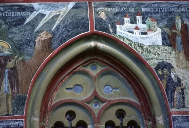 Gotiskt fönster och St Pachomius liv, från kyrkans norra vägg, ca 1601