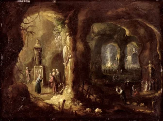 Grotta med statyer och många figurer som dyrkar avgudar (S:t Simeon Stylites), ca 1640 (olja på koppar)