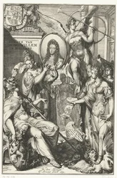 Allegorisk frontispice med porträtt av Vilhelm III Kung Williams ankomst till Holland (titel på objektet)