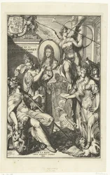 Allegorisk frontispice med porträtt av Vilhelm III Voyage de sa Majeste Britannique en Hollande (titel på objekt)
