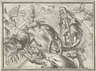 Karikatyr som föreställer Ludvig XIV som Apollon i sin vagn, 1701