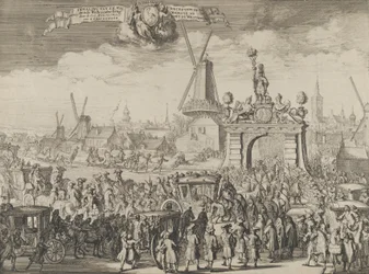 William III:s intåg i Haag Inhaling van S.K. Maj aende Westeynder brug dörr ..., 1691.