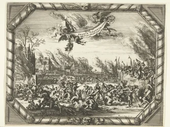 Franska grymheter i Bodegraven och Zwammerdam, 1672 Spiegel der France Tirannye pläderade vid Hollantsche Dorpen (titel på objekt)