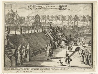Utsikt (från sidan) av ett terrassvattenfall i parken Paleis Het Loo The Terrace Cascade på sidan (titel på objekt) Utsikt över Paleis Het Loo, tillhörande byggnader och tillhörande park (serietitel)