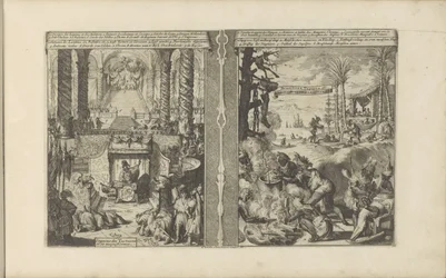 Tartarkejsarens domstol; Brasilianska tapoeier lagar sin mat Tartarische Keyzer / Empereur des Tartares et sa magnificence // Brasiliaensche Clothing / Brasiliens, Tapuyers, etc (titel på objektet) Les Indes Orientales et Occidentales et autre
