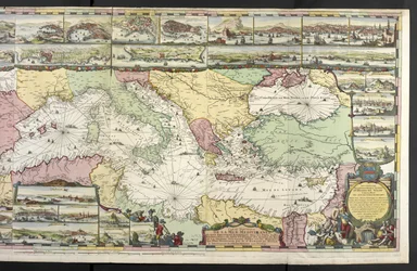 Karta över Medelhavet med allegoriska figurer och havsmonster som pryder infällningarna, från "The French Neptune and Atlas Maritime and Suite du Neptune François", av Charles Pene och Pieter Mortier