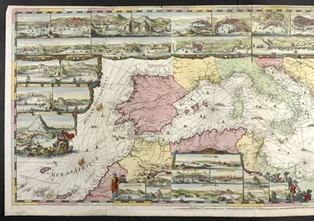 Karta över Medelhavet med allegoriska figurer och havsmonster som pryder infällningarna, från "The French Neptune and Atlas Maritime and Suite du Neptune François", av Charles Pene och Pieter Mortier