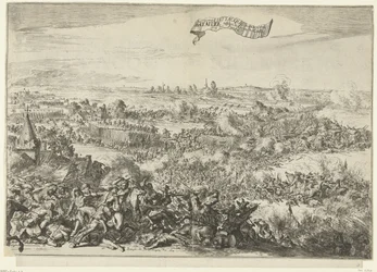 Slaget vid Seneffe, 1674 Siarens rasande Attacque förvandlas till en Bataille mellan Armies of the Geallie. en der Fransen (titel på objekt) Beskrivning av Furious Attacque der Franssen, On the Bagagie of the Army of the Allies: Förvandlas till en sc