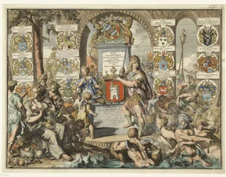 Titeltryck Caartboeck van Voorne, 1701 Voorne Caart-Boeck av alla byar och poldrar belägna i East Lande, och West Voorne (...) 7 juni 1695. Som när Bailliuw och Leenmannen var ovanstående och den intilliggande Heeren. (titel på objekt)
