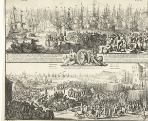 Vilhelm III:s resa till England, 1688 Avgång av S.K.H. efter England, den 11. Nov. 1688 / Ankomst av S.K.H.D.P. av Orange i England, den 15:e och 16:e nov. 1688 (titel på objekt) Institutionen för S.A.R. pour Angleterre, Le 11. No. 1688 / Arrival de S.A