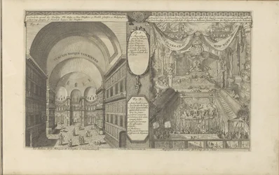 Turkisk moské i Constantinopel; Keizerlijkhof i Kina Turksche hånar van binnen / Interiören av moskén S. Sophia, i Konstantinopel // Kinesiska Hof Pomp / Magnificience of the Court of Emp. från Kina. (titel på objekt) Ostindien och O