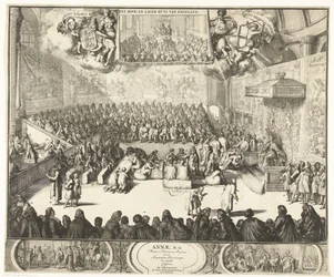 Zitting van het Lagerhuis met koningin Anna op de troon, 1702 Anne, D.G. Drottningen av Storbritannien, såväl som de stora prinsarna av England bekände (titel på objektet)