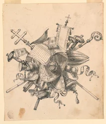 Teckning, Trofé med kyrkliga föremål, 1830-1850