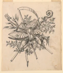 Teckning, Trofé med bevingat timglas, 1830-1850