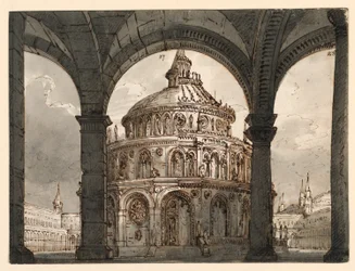 Scenografi, Atrium med Hospitallernas tempel för Operan "La Straniera" av Vincenzo Bellini