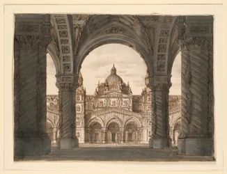 Scenografi, kyrkfasad från en loggia, I due Valdomiri av Felice Romani, musik av Pietro de Winter. Framförd på La Scala, Milano, 1818