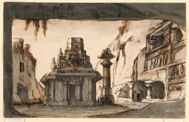 Scendesign, orientaliska byggnader bland grottor och klippor