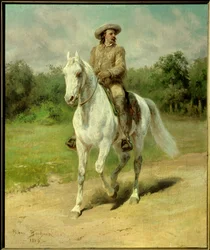 Porträtt av William Frederic Cody (1846-1917), känd som Buffalo Bill, amerikansk soldat, äventyrare och skådespelare. Målning av 1889 av Rosa Bonheur (1822-1899). Cody, Buffalo Bill Historical Center. - Porträtt av William Frederick Cody (1846-1917), nick