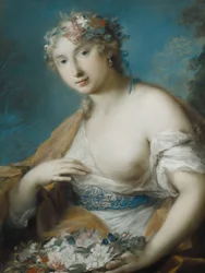 Flora, halvlängd, håller en korg med blommor,