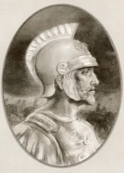 Ashoka, död 232 f.Kr., alias Ashoka den store. Indiska kejsaren under Mauryadynastin. Illustration av Gordon Ross, amerikansk konstnär och illustratör (1873-1946), från Living Biographies of Famous Rulers.