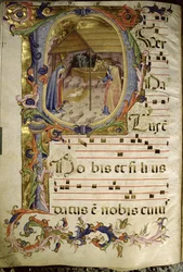 Corale / Graduale nr.5 Historikerad initial "P" som visar födelsekyrkan