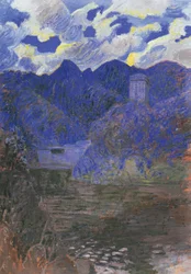 Vårens gryning i San Fruttuoso, av Rubaldo Merello (1872-1922), olja på duk, 98x69 cm. Italien, 1900-talet.
