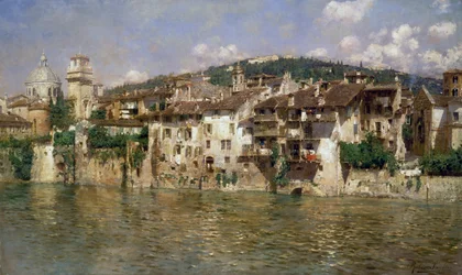 Adige in Verona, av Rubens Santoro (1859-1942), olja på duk