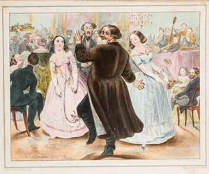 Köpmansbal par Zhukovsky, Rudolf Kasimirovitj (1814-1886). Litografi, akvarell, storlek: 33x24