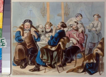 Te och socker. Tedrickande i en krog par Zhukovsky, Rudolf Kasimirovitj (1814-1886), Första kvartalet av 1800-talet. - Litografi, akvarell - Statens historiska museum, Moskva