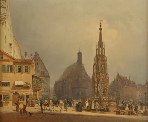 Den vackra fontänen framför Frauenkirche i Nürnberg