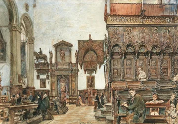 Interiören i Basilica di Santa Maria Gloriosa dei Frari i Venedig med böner i korstolarna