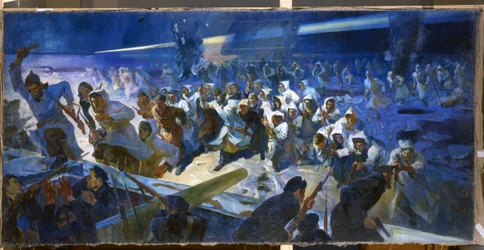 Röda armén attackerar Krondstadt (Ryssland) i mars 1921 (Röda arméns trupper attackerar Krondstadt i mars 1921). Efter Kronstadts revolt mot bolsjevikmakten vägrar regeringen alla förhandlingar och avslutar händelserna genom att krossa dem militärt.