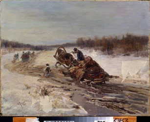 Fastlag. En man och en kvinna sjunger och ler i en släde. De firar tiden före fastans början, då man äter fet mat. Målning av Rudolf Ferdinandovitj Frenz (1831-1918)