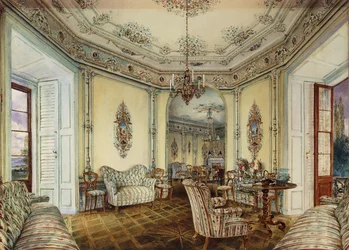 Inre vy av salongen av ett slott i Obertwaltersdorf; Interiörvy av en salong i Obertwaltersdorf slott,